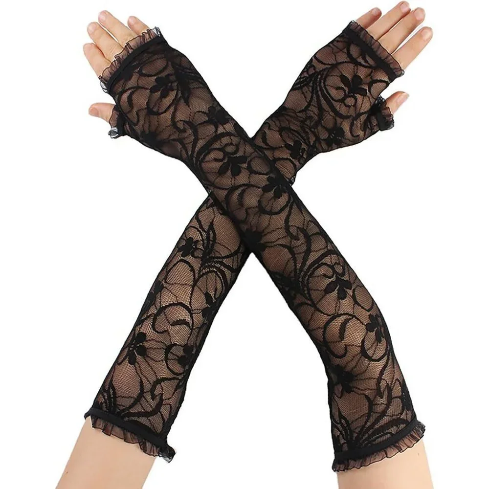 Women's Halloween Black 1 Dress Fingerless Spider Gothic Playing Lace Gloves